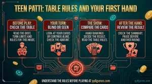 Teen Patti table and card-rule illustration
